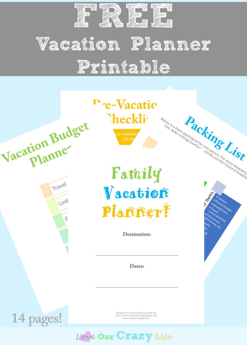 Free Vacation Planner Printable. 14 pages of free printables for planning vacations including budget sheets, packing lists, and more! Plus some great tips.