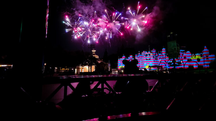 fireworks at Disneyland near its a small world