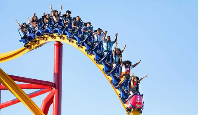 Wonder Woman Flight of Courage Roller Coaster at Six Flags Magic Mountain.