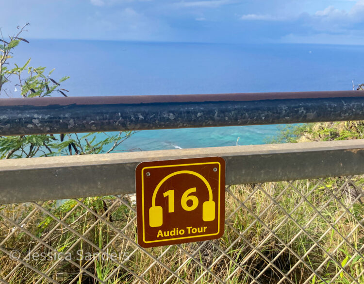 Sign indicating a point for the audio tour on Diamond Head Hike in Hawaii