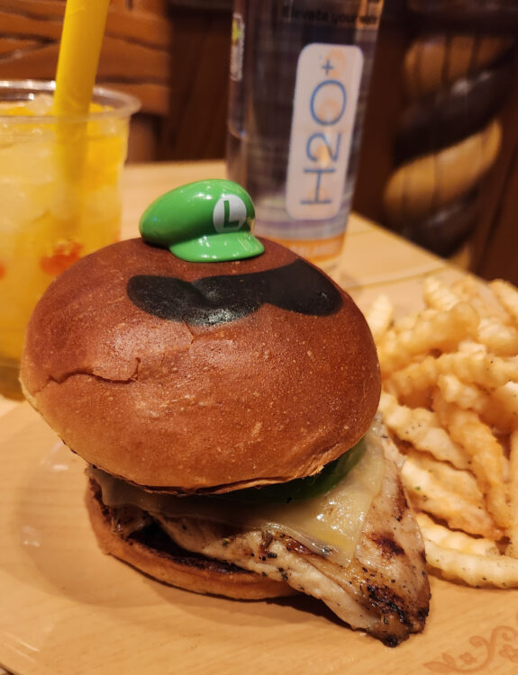 The Luigi Burger at Toadstool Face is actually a Pesto Grilled Chicken Sandwich