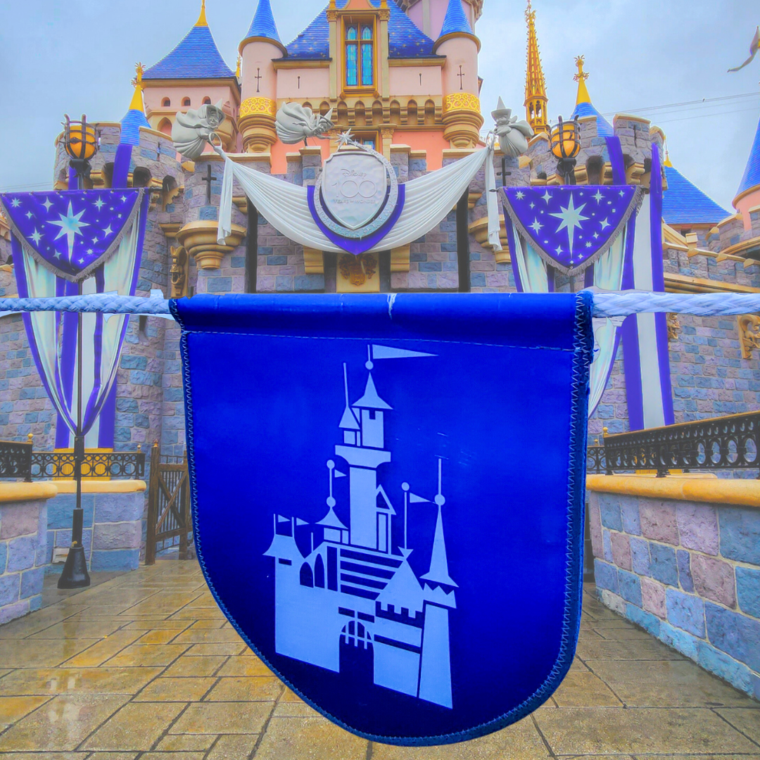 Disneyland Castle in background with a photoshopped rope with rope drop banner in front.